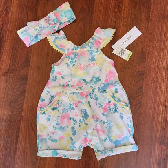 CALVIN KLEIN NEW FLORAL ROMPER WITH HEADBAND SIZE 3-6 MTHS - Picture 6 of 6